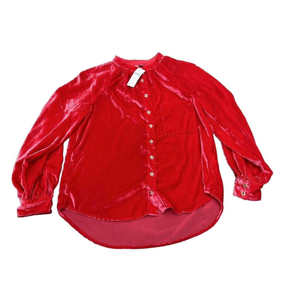 Pilcro And The Letterpress Top XS‎ Petite Red Velvet Tab Collar Button Boho NWT